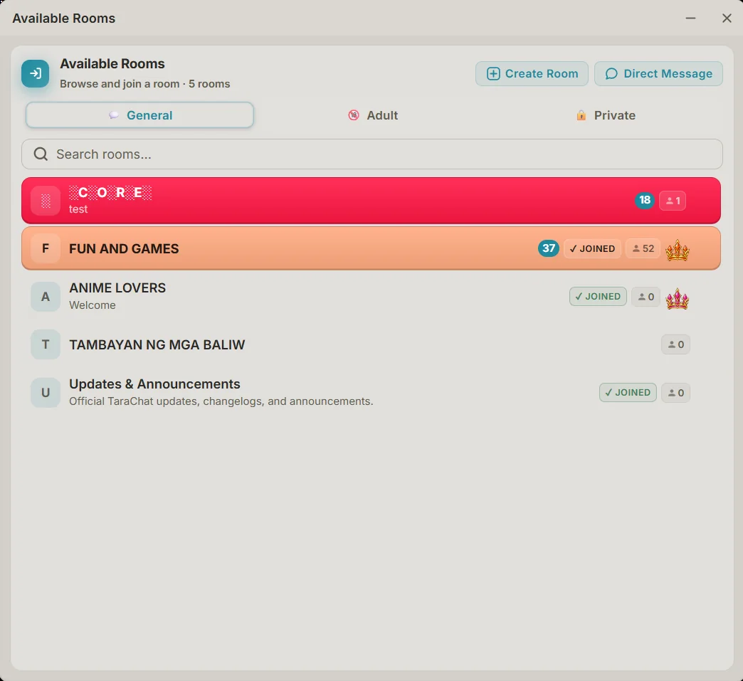 The Available Rooms window with General, Adult and Private tabs, a room search and a list of rooms with member counts