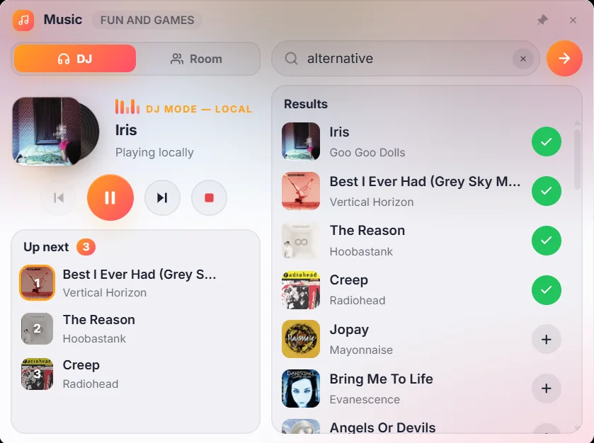 The Music window in DJ mode playing Iris by Goo Goo Dolls, with an Up next queue and search results