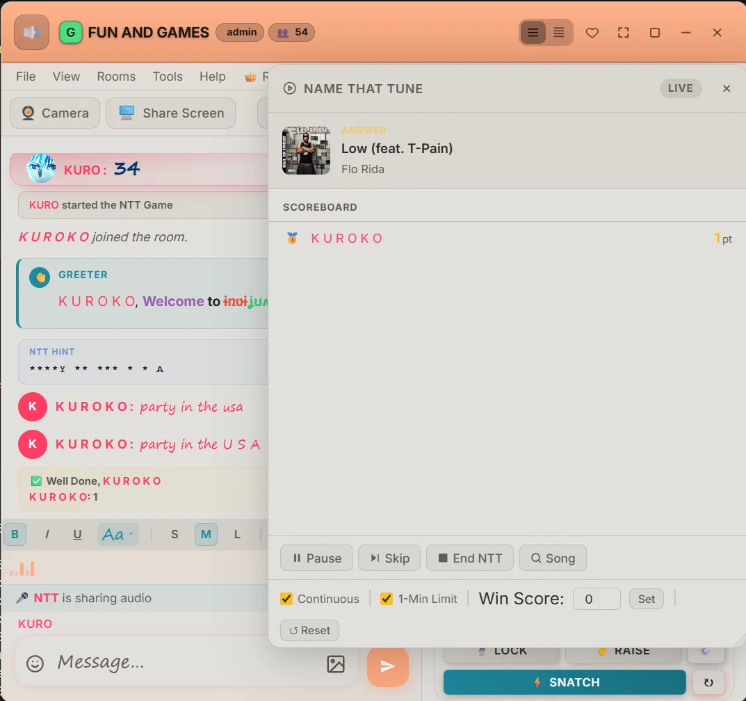 A Name That Tune game running in a room, showing the answer, album art and the scoreboard