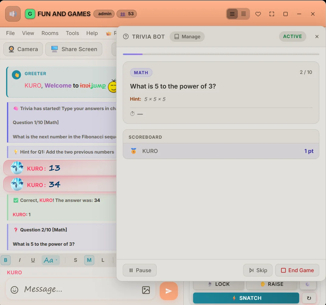 The Trivia Bot panel asking a math question with a hint and a live scoreboard