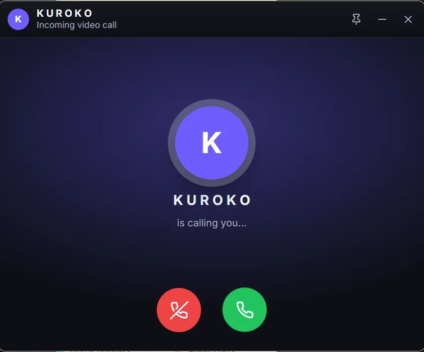 An incoming video call window: the caller's avatar and name with decline and answer buttons
