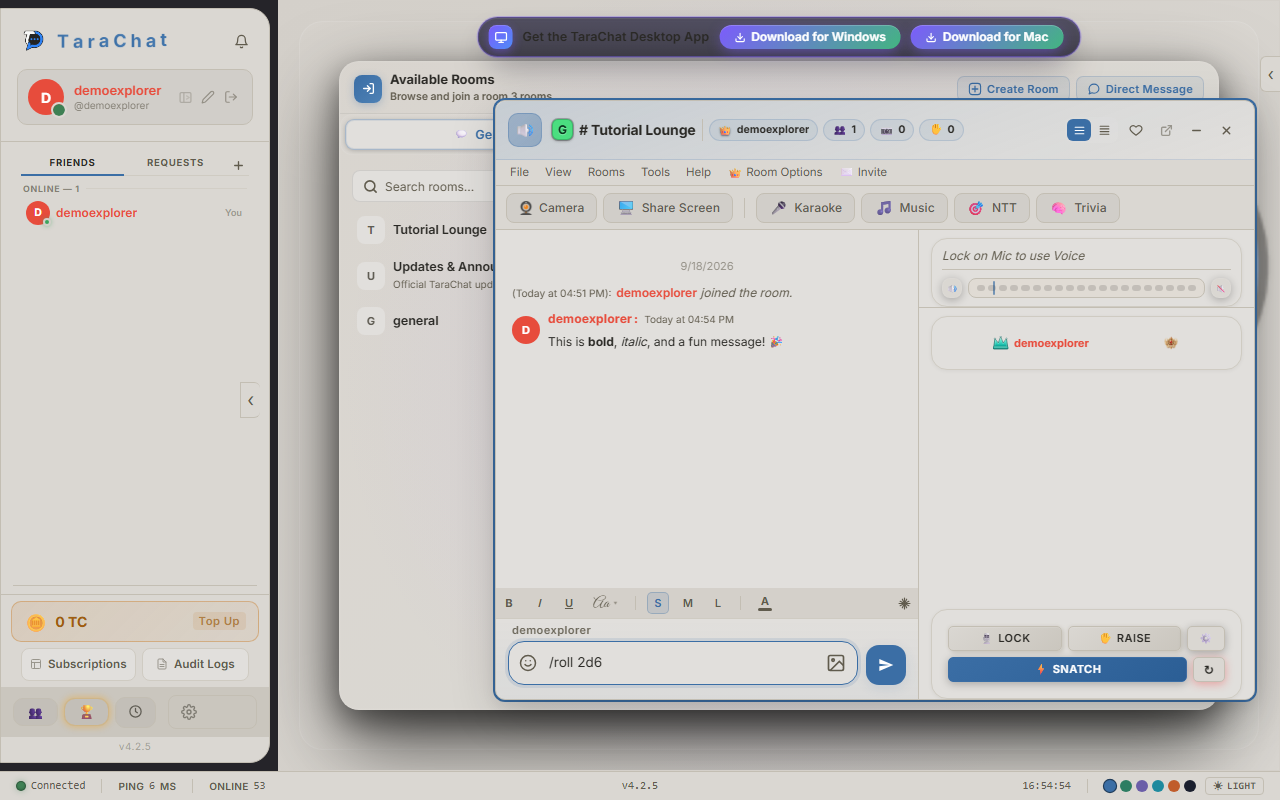 A slash command being typed into the message box, showing /roll 2d6